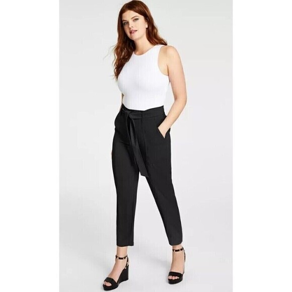 Bar III Women's Petite Tie-Waist High-Rise Tapered-Leg Deep Black Pants PL - Picture 1 of 9